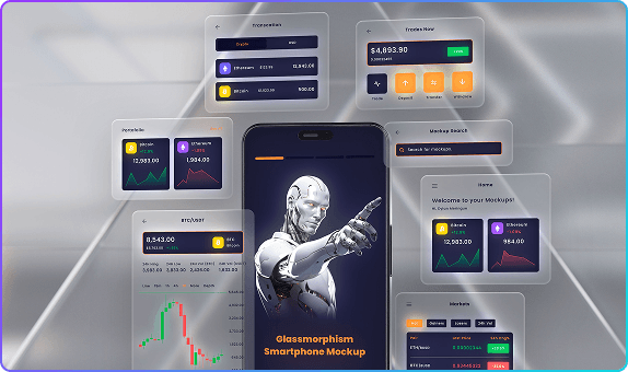  Futuristic AI interface featuring a humanoid robot and mobile performance dashboards, highlighting Scrift's AI & Machine Learning services for intelligent decision-making and predictive insights.